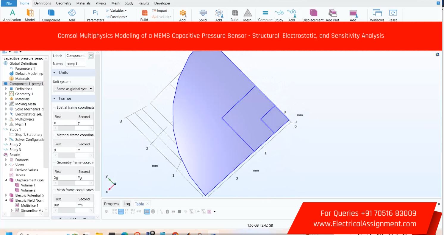 Comsol Multiphysics Modeling of a MEMS Capacitive Pressure Sensor - Structural, Electrostatic, and Sensitivity Analysis simulation output result 1 Comsol Multiphysics Modeling of a MEMS Capacitive Pressure Sensor - Structural, Electrostatic, and Sensitivity Analysis simulation output result 1