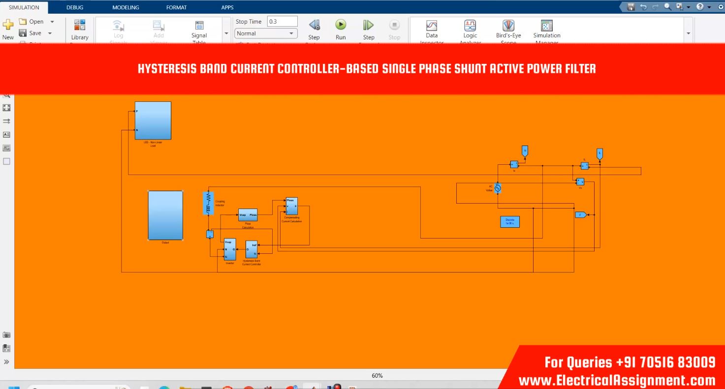 HYSTERESIS BAND CURRENT CONTROLLER-BASED SINGLE PHASE SHUNT ACTIVE POWER FILTER simulation output result 2 HYSTERESIS BAND CURRENT CONTROLLER-BASED SINGLE PHASE SHUNT ACTIVE POWER FILTER simulation output result 2