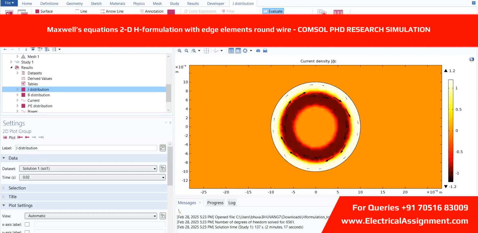 Maxwell’s equations 2-D H-formulation with edge elements round wire - COMSOL PHD RESEARCH SIMULATION simulation output result 2 Maxwell’s equations 2-D H-formulation with edge elements round wire - COMSOL PHD RESEARCH SIMULATION simulation output result 2