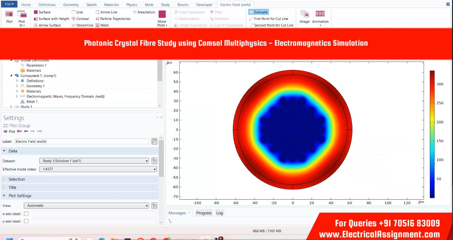 Photonic Crystal Fibre Study using Comsol Multiphysics - Electromagnetics Simulation simulation output result 1 Photonic Crystal Fibre Study using Comsol Multiphysics - Electromagnetics Simulation simulation output result 1