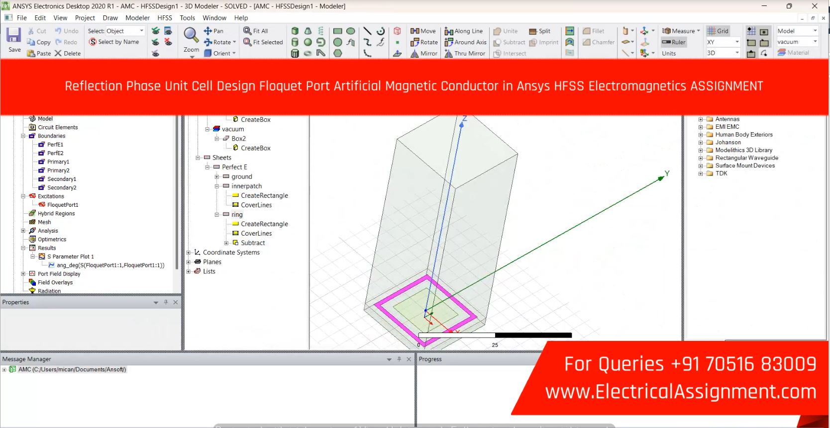 Reflection Phase Unit Cell Design Floquet Port Artificial Magnetic Conductor in Ansys HFSS Electromagnetics ASSIGNMENT project model and simulation diagram Reflection Phase Unit Cell Design Floquet Port Artificial Magnetic Conductor in Ansys HFSS Electromagnetics ASSIGNMENT project model and simulation diagram