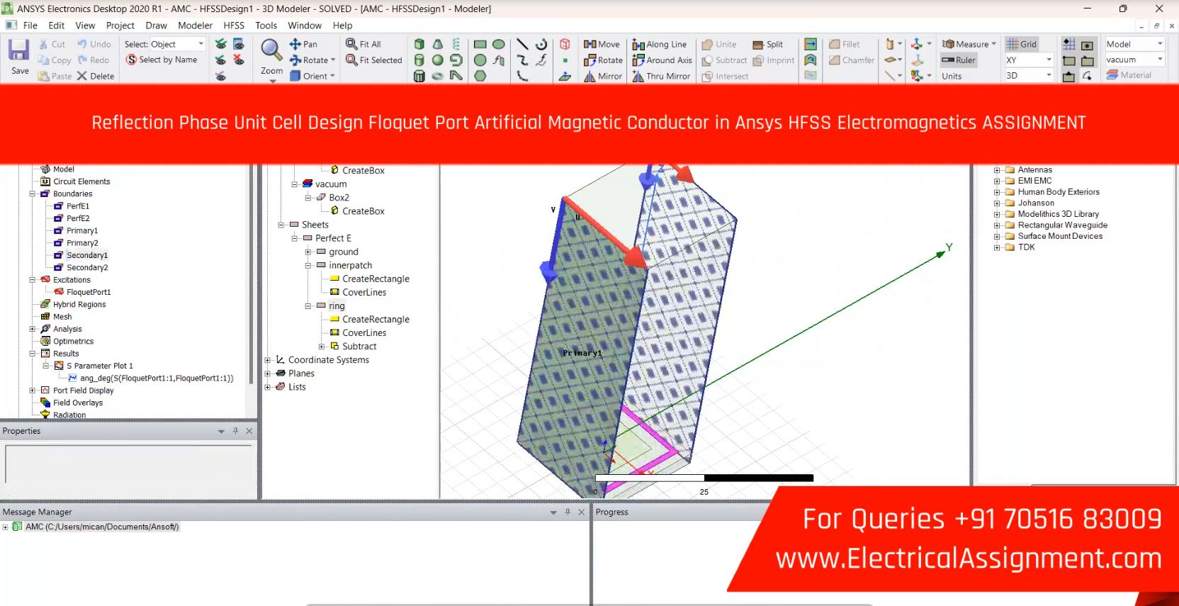 Reflection Phase Unit Cell Design Floquet Port Artificial Magnetic Conductor in Ansys HFSS Electromagnetics ASSIGNMENT simulation output result 1 Reflection Phase Unit Cell Design Floquet Port Artificial Magnetic Conductor in Ansys HFSS Electromagnetics ASSIGNMENT simulation output result 1