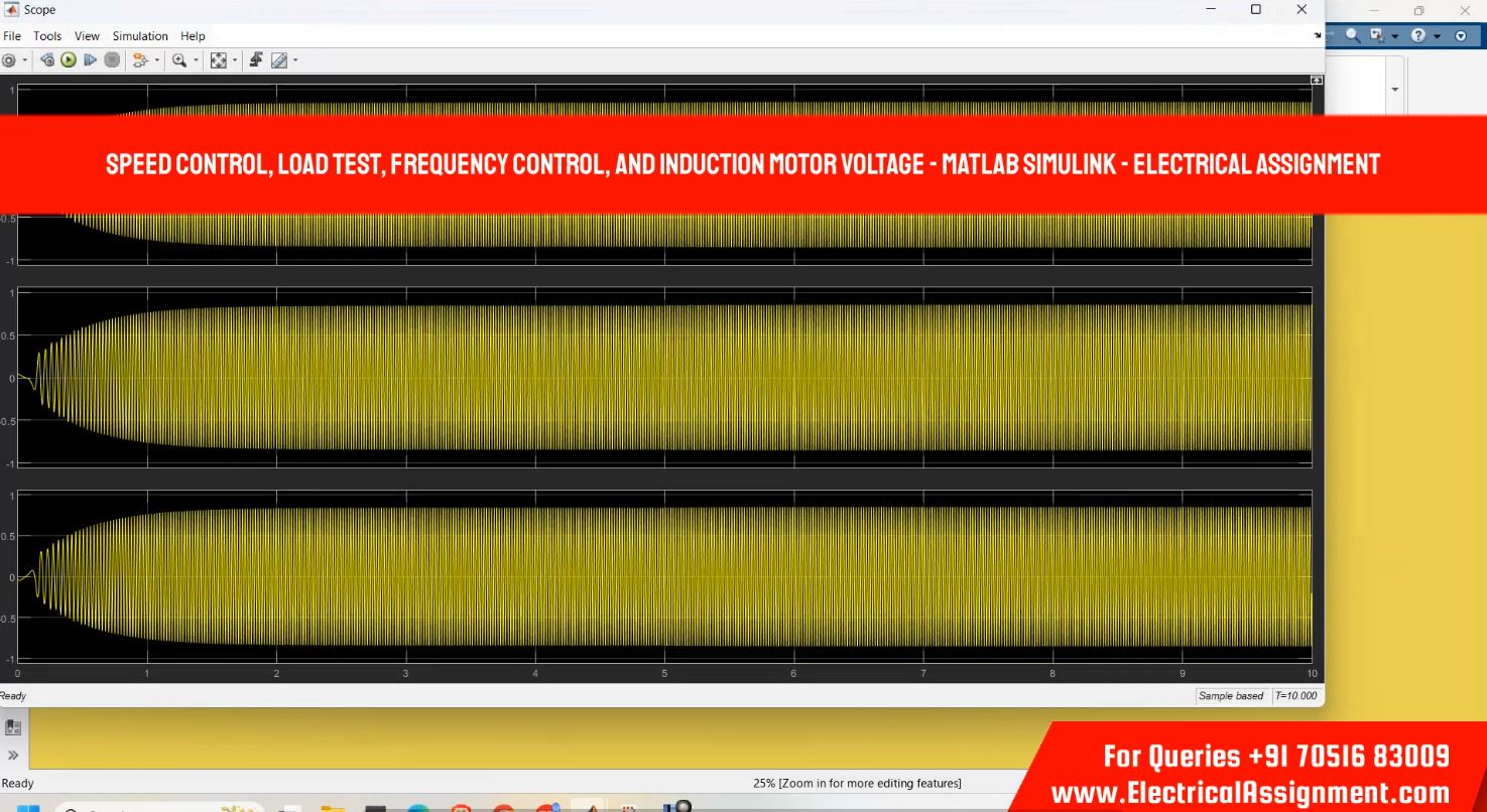 Speed control, Load test, Frequency control, and induction motor voltage - Matlab Simulink simulation output result 1 Speed control, Load test, Frequency control, and induction motor voltage - Matlab Simulink simulation output result 1