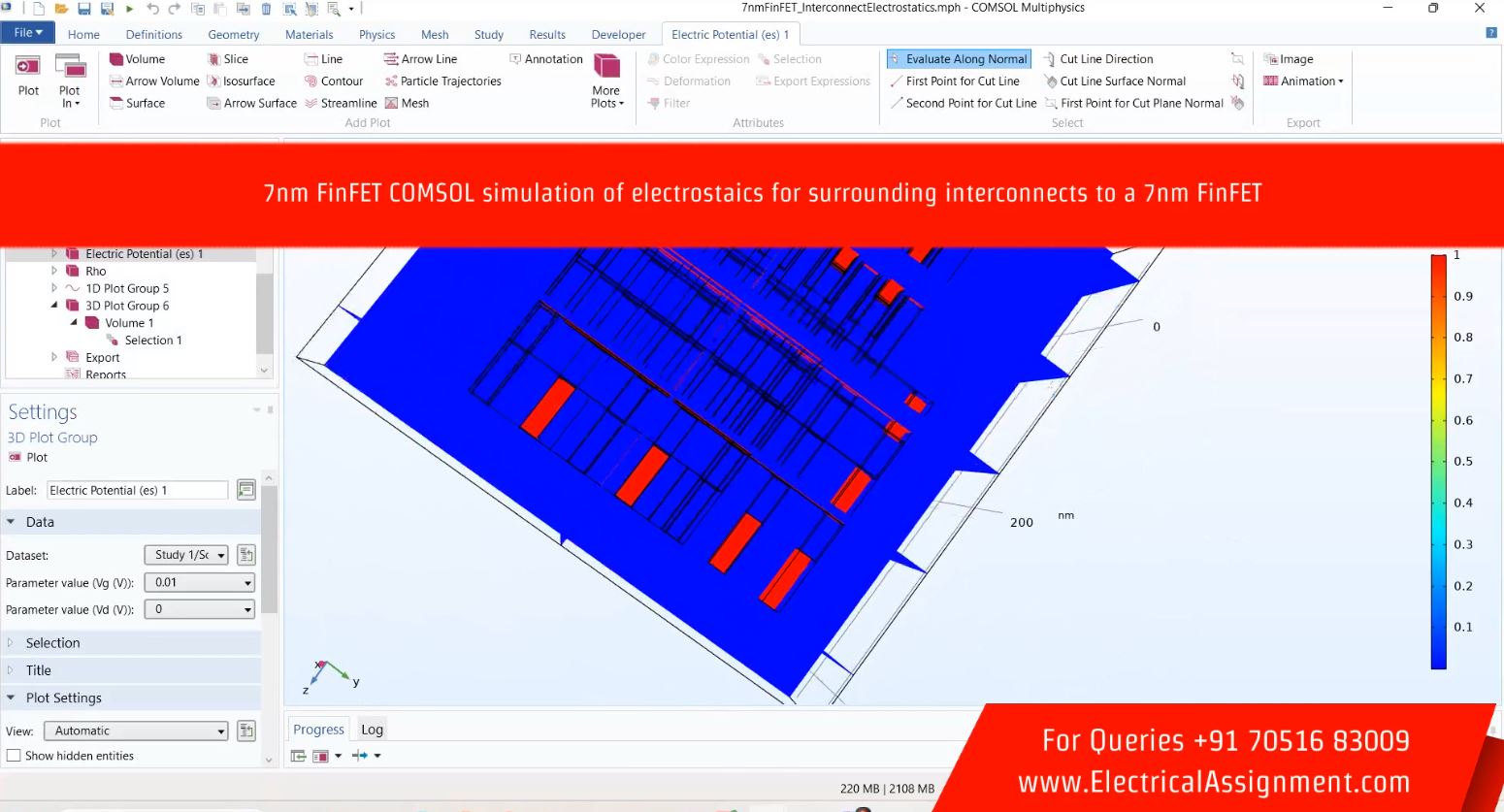 7nm FinFET COMSOL simulation of electrostaics for surrounding interconnects to a 7nm FinFET simulation project image