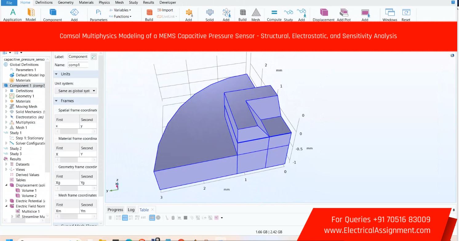 COMSOL Multiphysics Modeling of a MEMS Capacitive Pressure Sensor - Structural, Electrostatic, and Sensitivity Analysis simulation project image