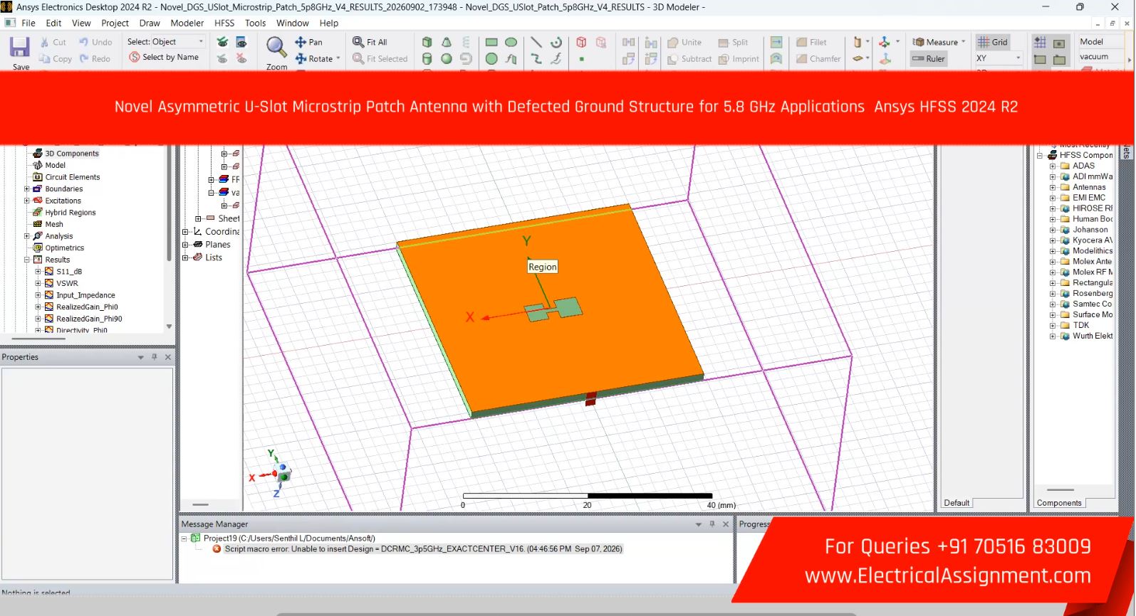 Novel Asymmetric U-Slot Microstrip Patch Antenna with Defected Ground Structure for 5.8 GHz Applications ANSYS HFSS 2024 R2 simulation project image