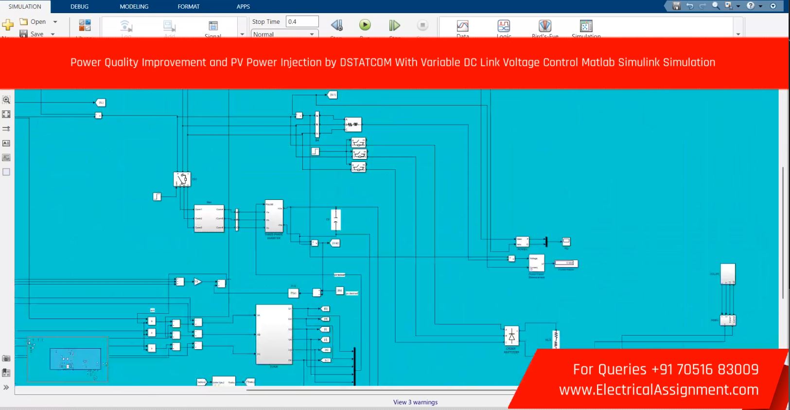 Power Quality Improvement and PV Power Injection by DSTATCOM With Variable DC Link Voltage Control MATLAB Simulink Simulation simulation project image