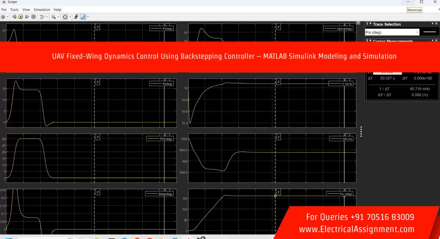 UAV Fixed-Wing Dynamics Control Using Backstepping Controller - MATLAB Simulink Modeling and Simulation simulation project image