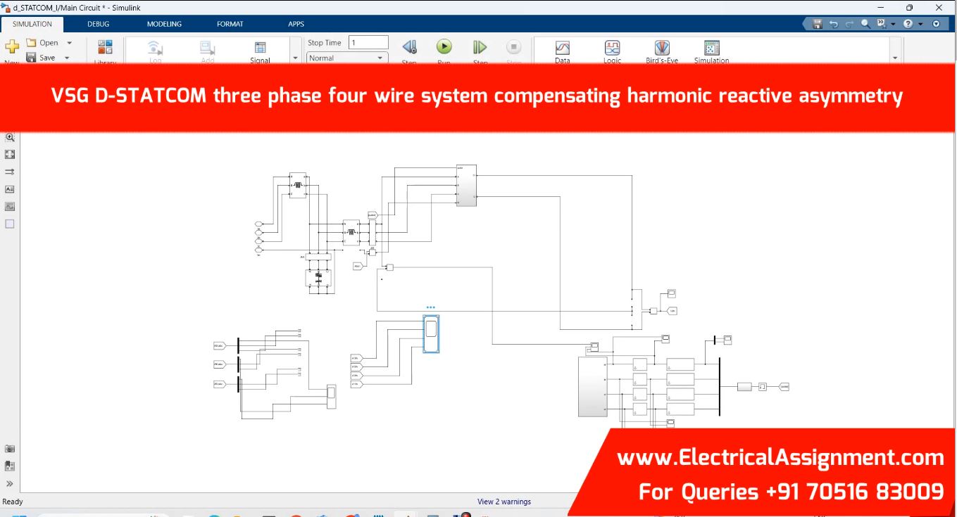 VSG D-STATCOM three phase four wire system compensating harmonic reactive asymmetry — simulation output associated with Active and reactive power