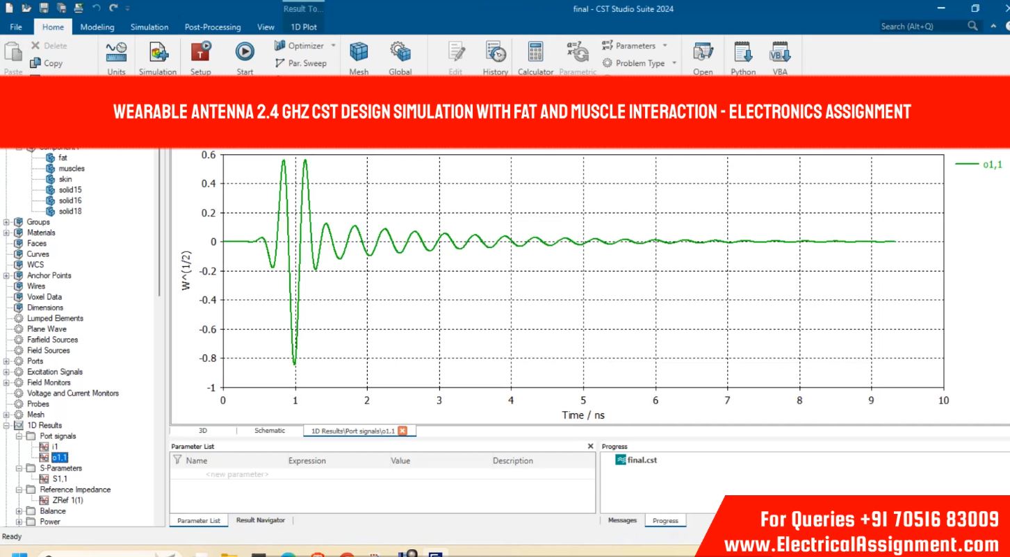 Wearable antenna 2.4 GHz CST design simulation with fat and muscle interaction - Electronics Assignment simulation project image